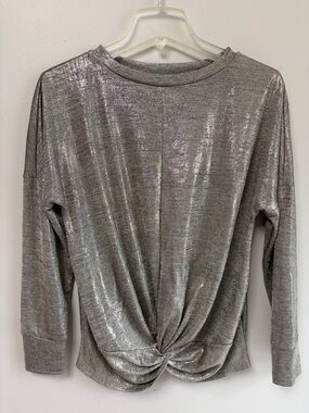 Fourteenth Place Women's Silver Metallic Twist-Front Long Sleeve Top SIZE SMALL